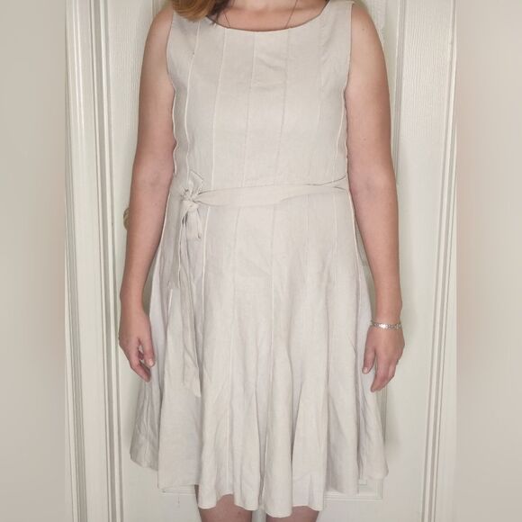 Sandra Darren 14 Cream LINEN Blend Lined Zipper Pleated Women Knee Length Dress - Picture 2 of 8